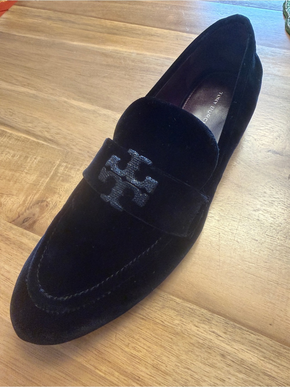 Tory Burch Black Suede Loafers with Embellished Logo - Picture 2 of 4